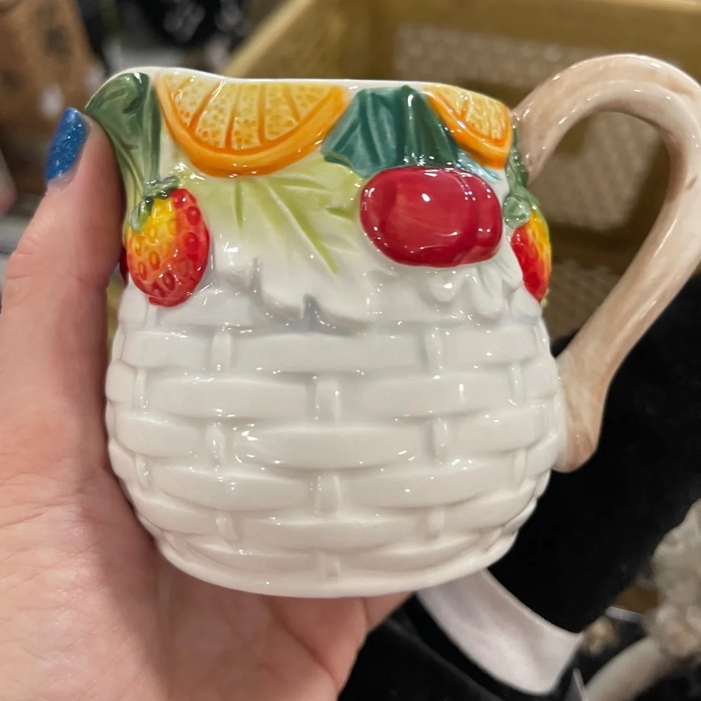 Red Strawberry 🍓 Cherry, & Orange Fruits White Basket Weave Ceramic Creamer NEW